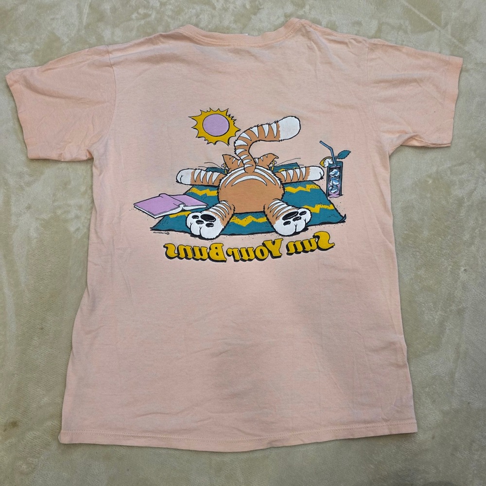 Vintage 80s Miller Sun Your Buns Myrtle Beach Cat TShirt Peach Med Single Stitch - Picture 7 of 9